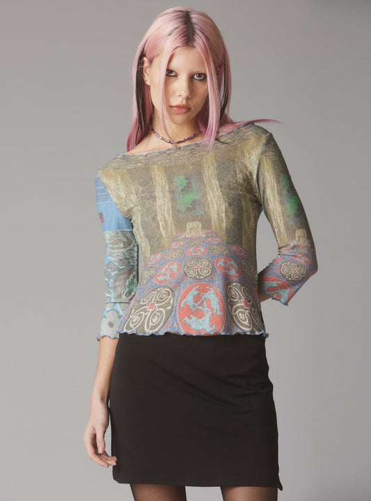 Mesh Printed Quarter Sleeve Top With Wide Neck Multi | UNIF New