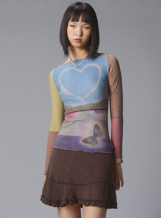 Skye Top Y2K allover-print mesh top with custom artwork Multi | UNIF Value