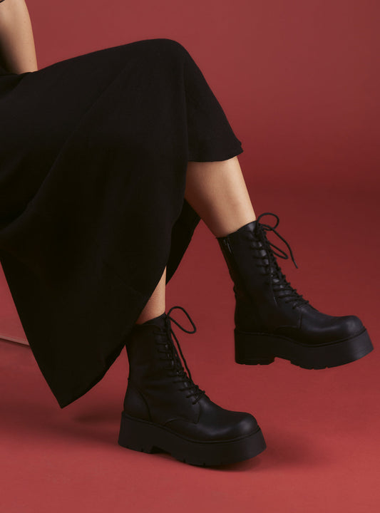Black Platform Lace-Up Combat Boot Black | UNIF Value