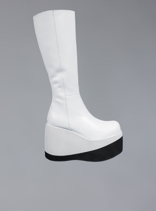 Stacked Leather Platform Knee High Boot White | UNIF New
